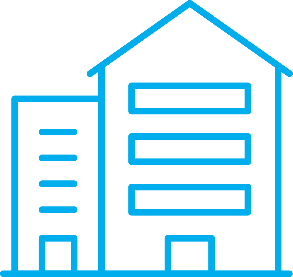 A simple blue line drawing illustration of a multi-story residential building with windows and doors.