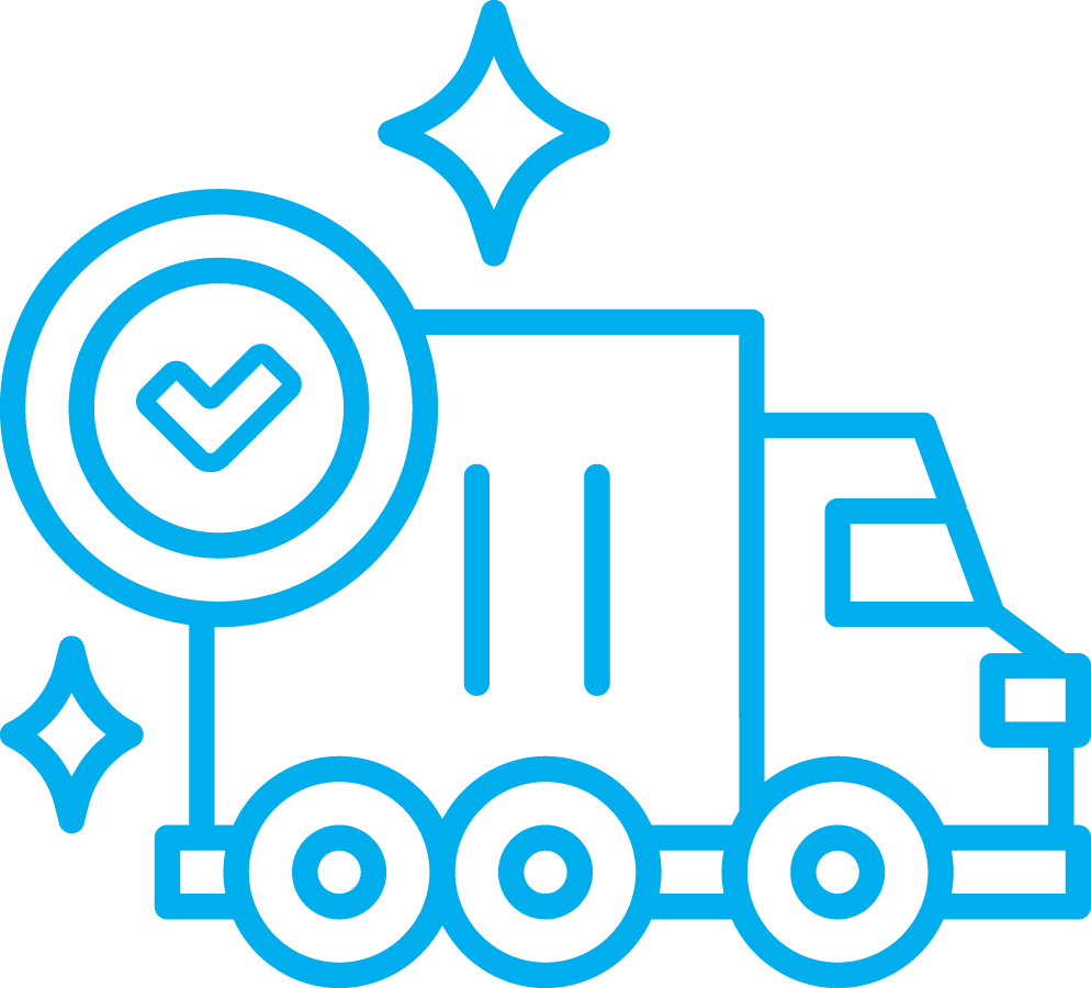 A minimalist blue line illustration of a delivery truck with a heart symbol and checkmark, representing trusted or quality service.