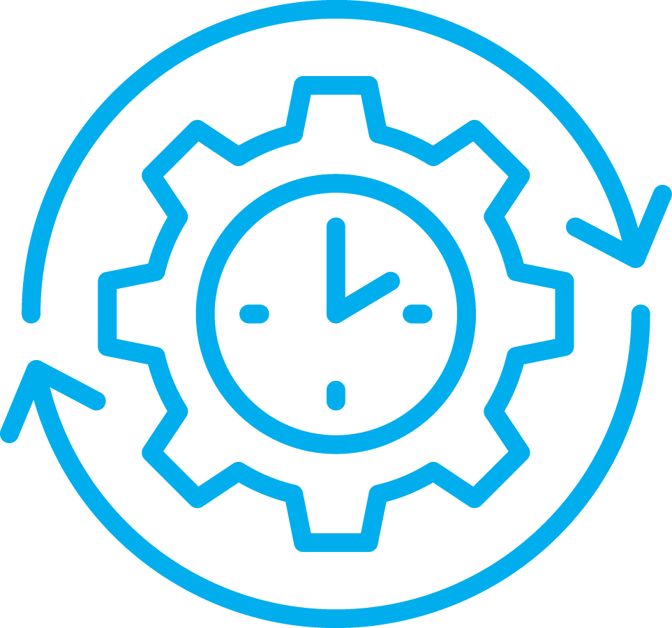 A blue line icon illustration of a gear with a clock face in the center, surrounded by circular arrows indicating time management or process optimization.