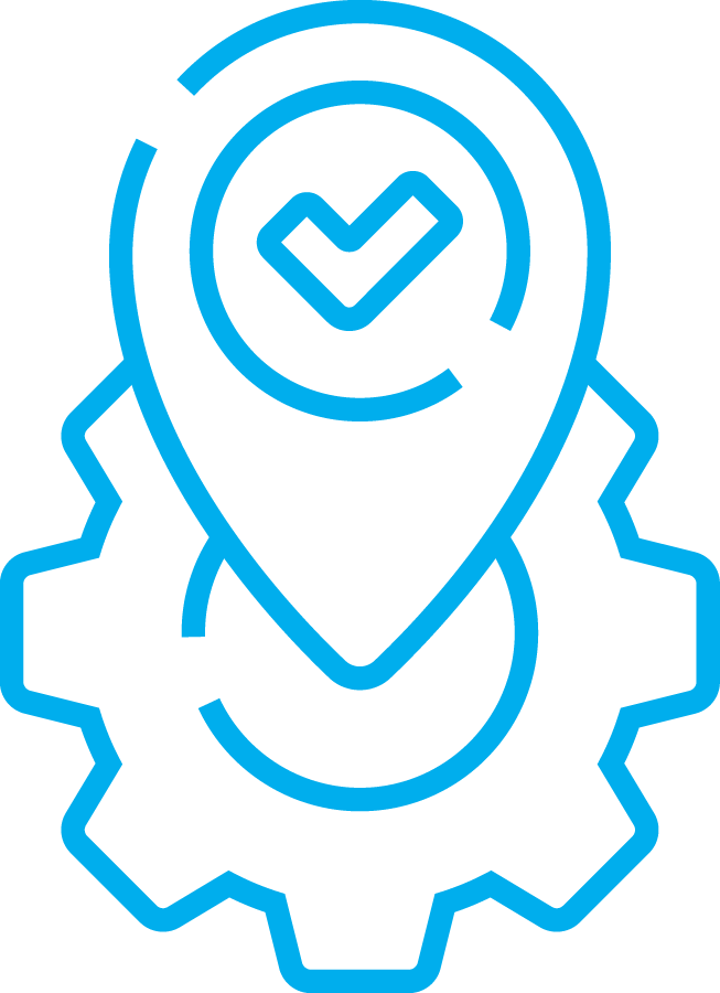 A blue line-art icon depicting a human head silhouette with a heart symbol inside, integrated with gear elements, representing emotional intelligence, care, or compassionate thinking.