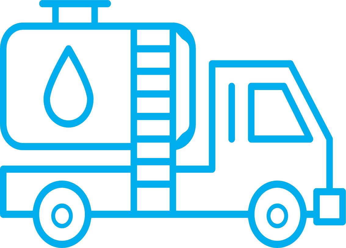 A bright blue line-art illustration of a water truck or tanker vehicle shown in profile view.
